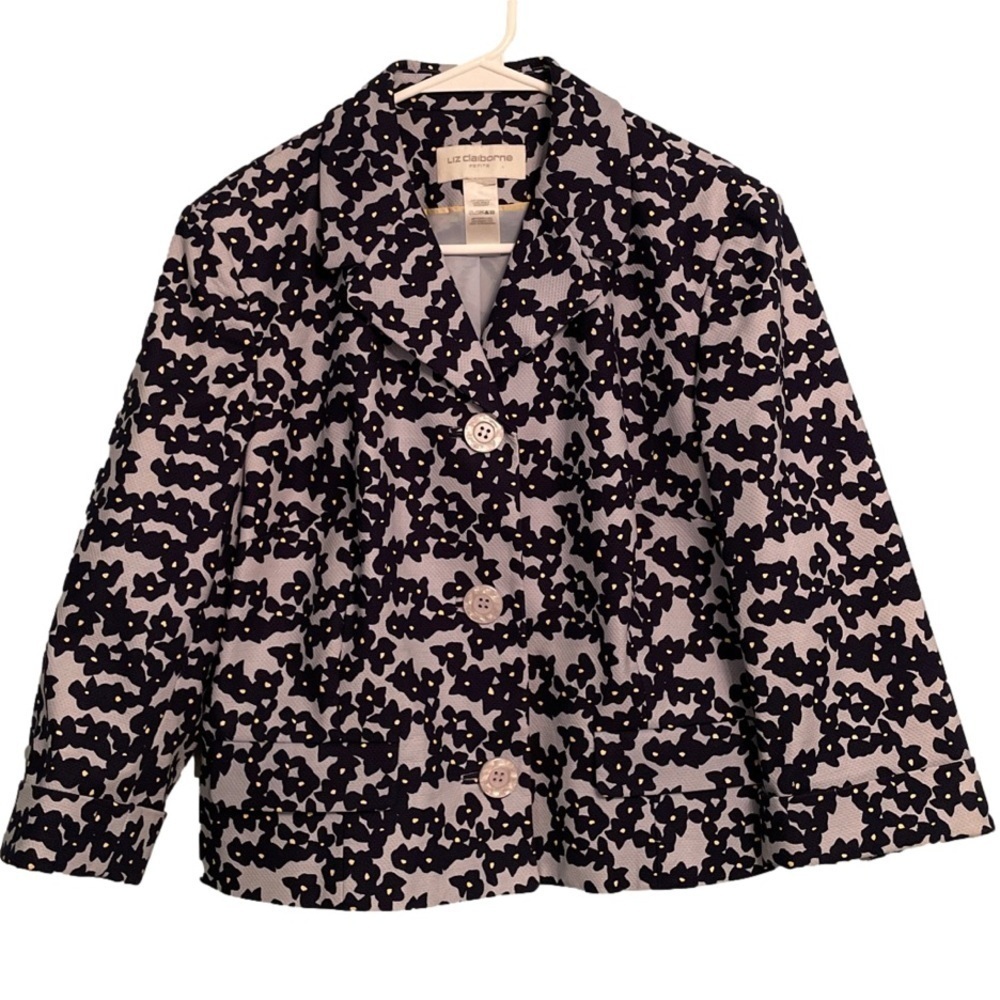 Liz Clairborne Petite Blue Floral Blazer 3/4 Sleeve Button-Up